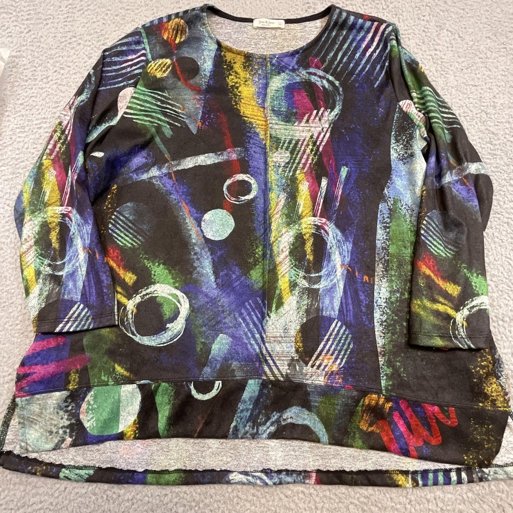 Jess & Jane Shirt Womens XL Multicolor Tunic 3/4 Sleeve Jersey Made In USA